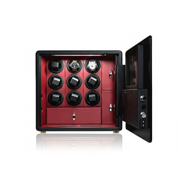 Aurelix Guardian Safe | 9-Slot Automatic Watch Winder Vault | Bordeaux Crimson Microfiber | Biometric Security & Alarm