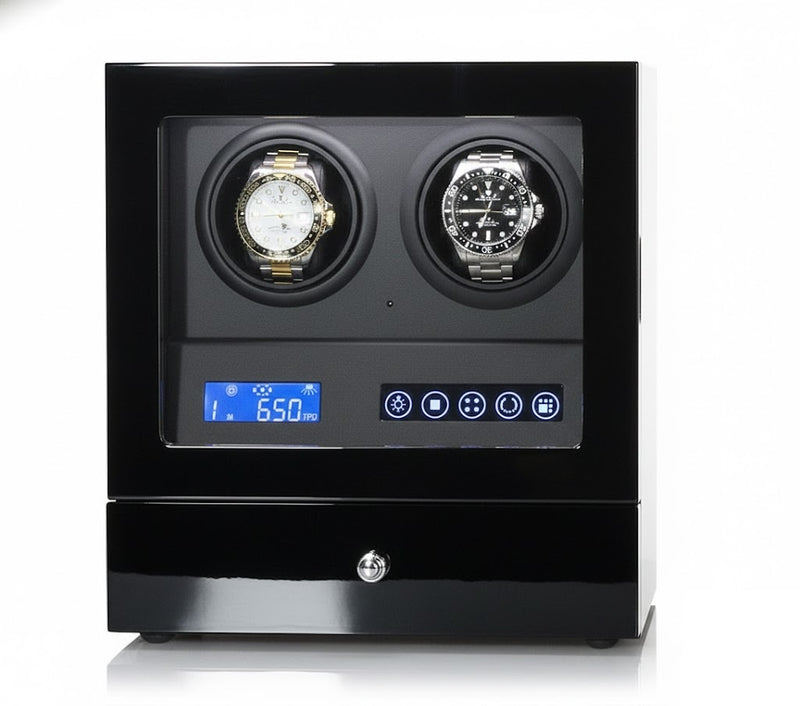 Aurelix Phantom Duo | Double Automatic Watch Winder Display | Obsidian Piano Lacquer | LCD Touch Screen & Remote Command