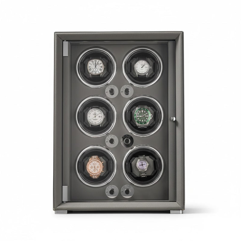 Aurelix Senna Six | 6-Slot Automatic Watch Winder Gallery | Anthracite Gunmetal Artisan Wrap | Mabuchi Silent Motor