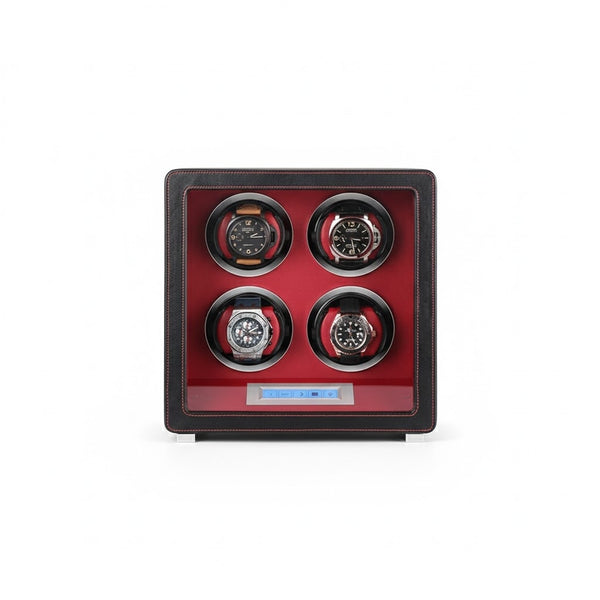 Aurelix Signature Quad | 4-Slot Automatic Watch Winder | Obsidian Black Artisan Wrap | Crimson Microfiber Interior | Digital Touch Interface